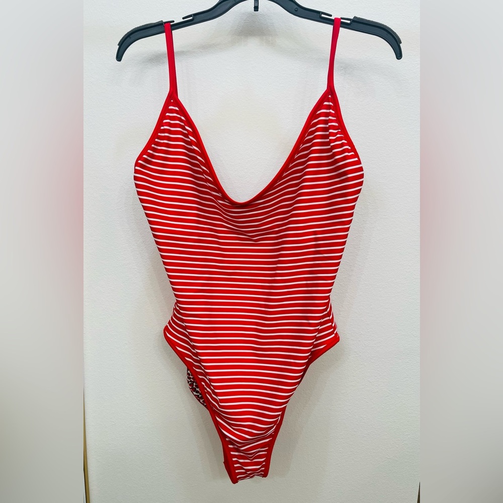 J Crew 90s Swimsuit Reversible (red stripe/strawberry)